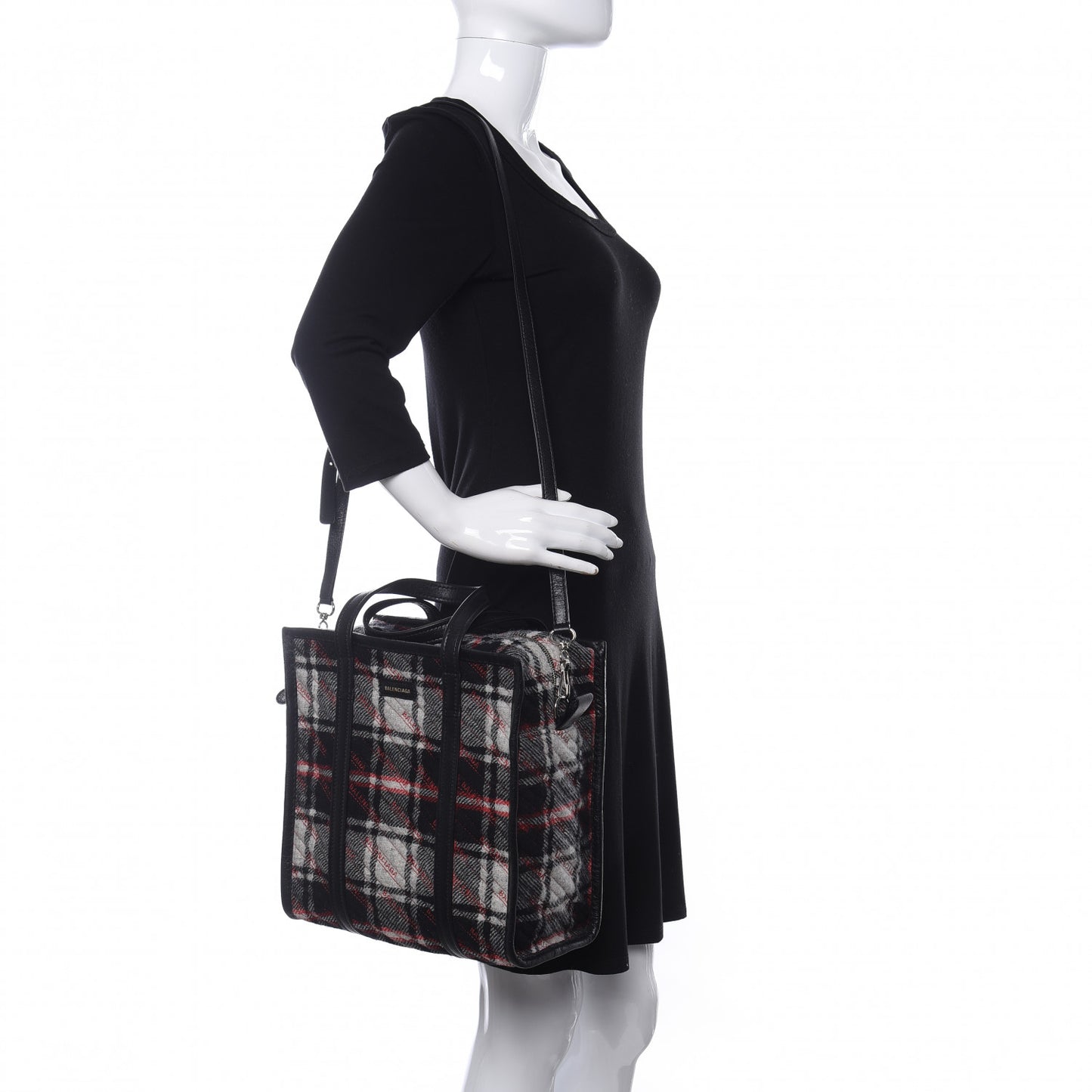 Wool Cuir Arena Plaid Diagonal Allover Logo Matelasse S Bazar Shopper Tote Black White Red