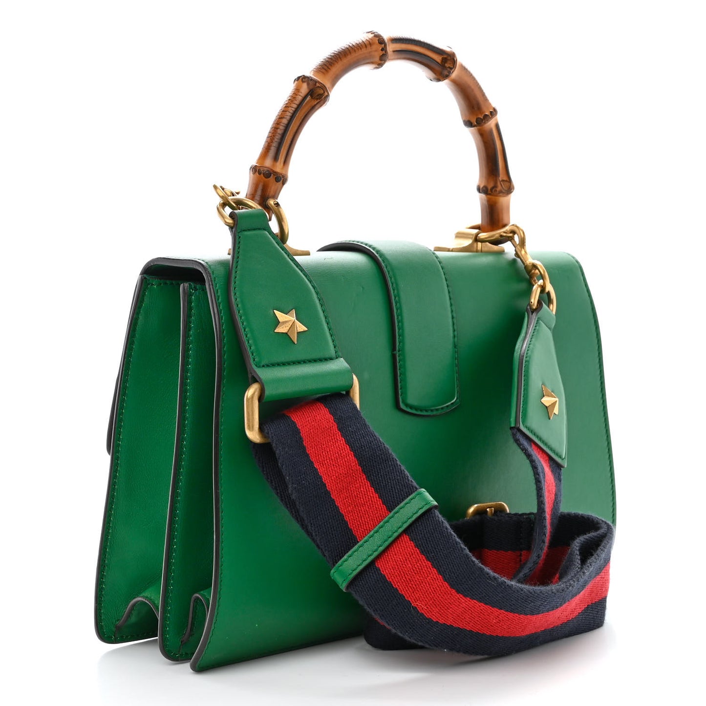 Moon Calfskin Web Medium Dionysus Bamboo Top Handle Bag Emerald Blue Hibiscus Red