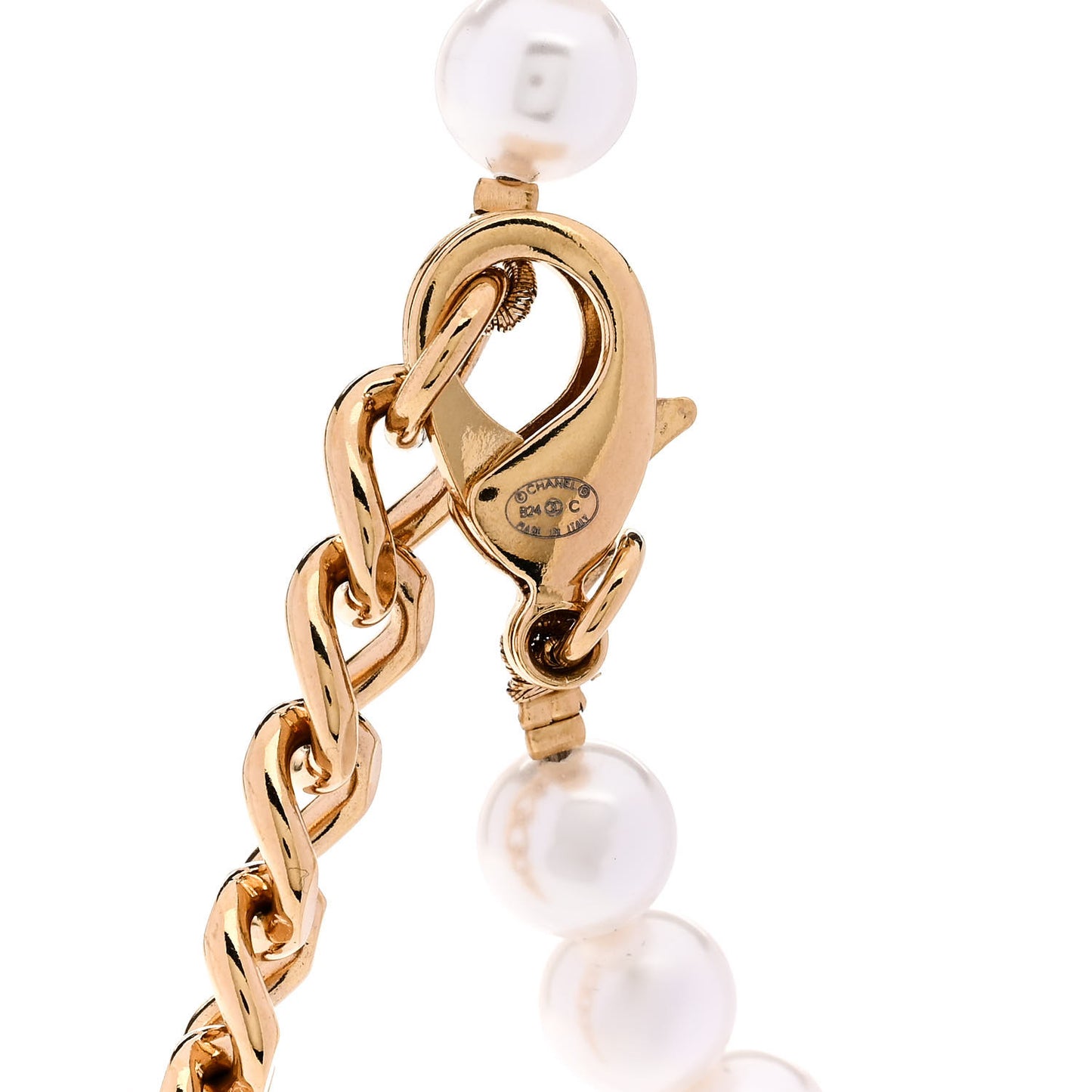 Pearl CC Round Long Necklace Gold White