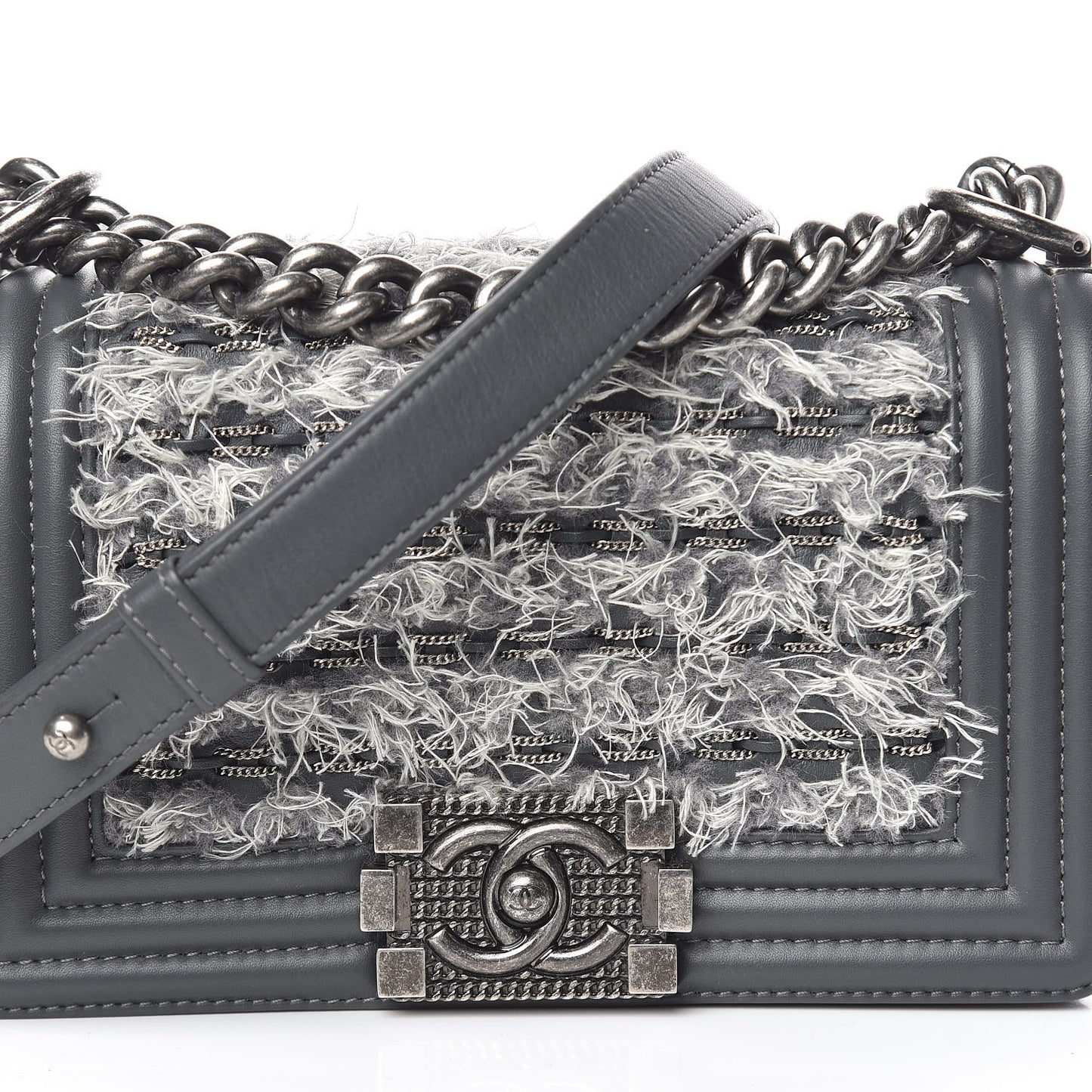 Tweed Calfskin Small Boy Flap Grey