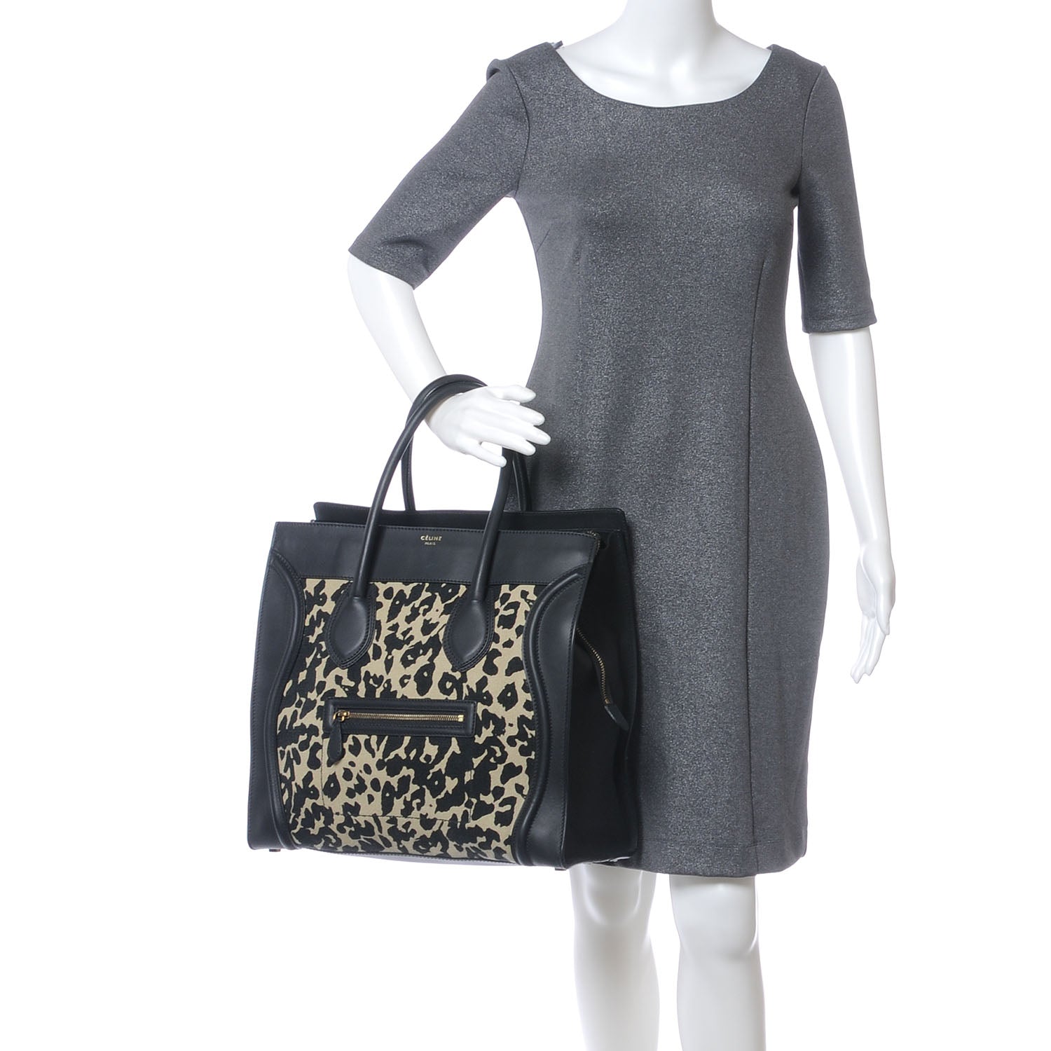 Celine Linen Smooth Calfskin Leopard Print Medium Luggage Black 2 of 8