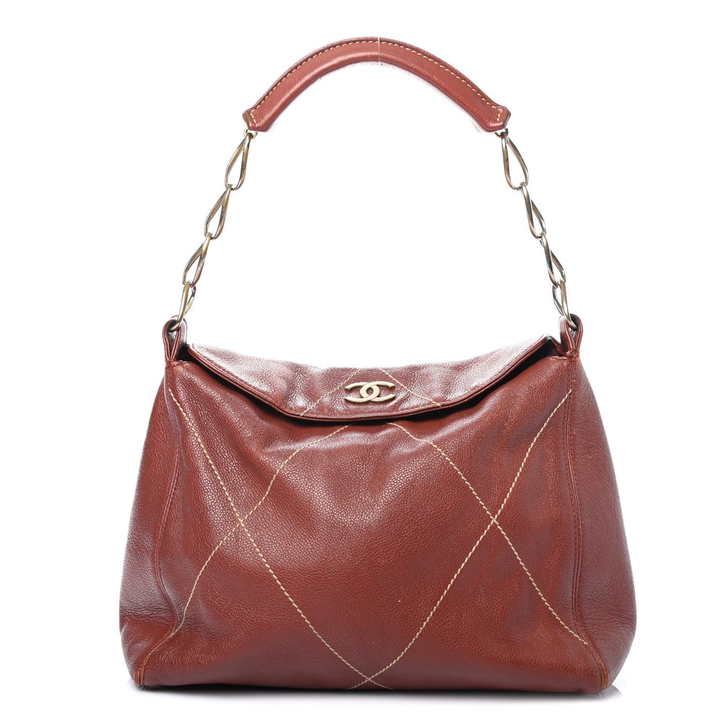 Calfskin Contrast Stitch Shoulder Bag Brown