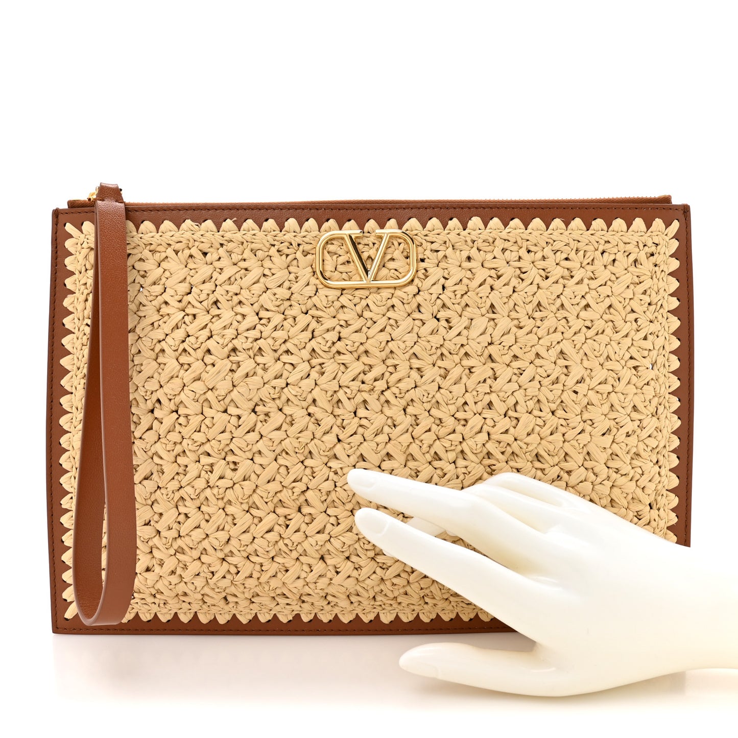Raffia Calfskin Vlogo Signature Zip Pouch Naturale Brown