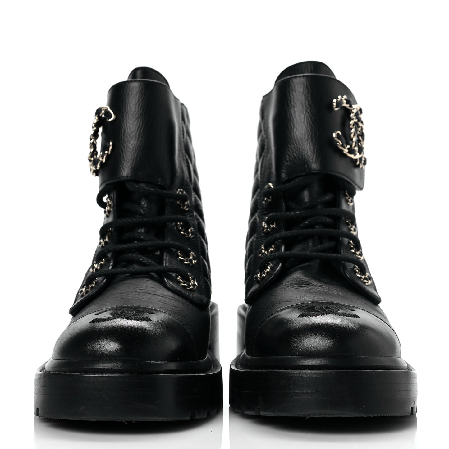Shiny Calfskin Quilted Lace Up Combat Boots 36.5 Black