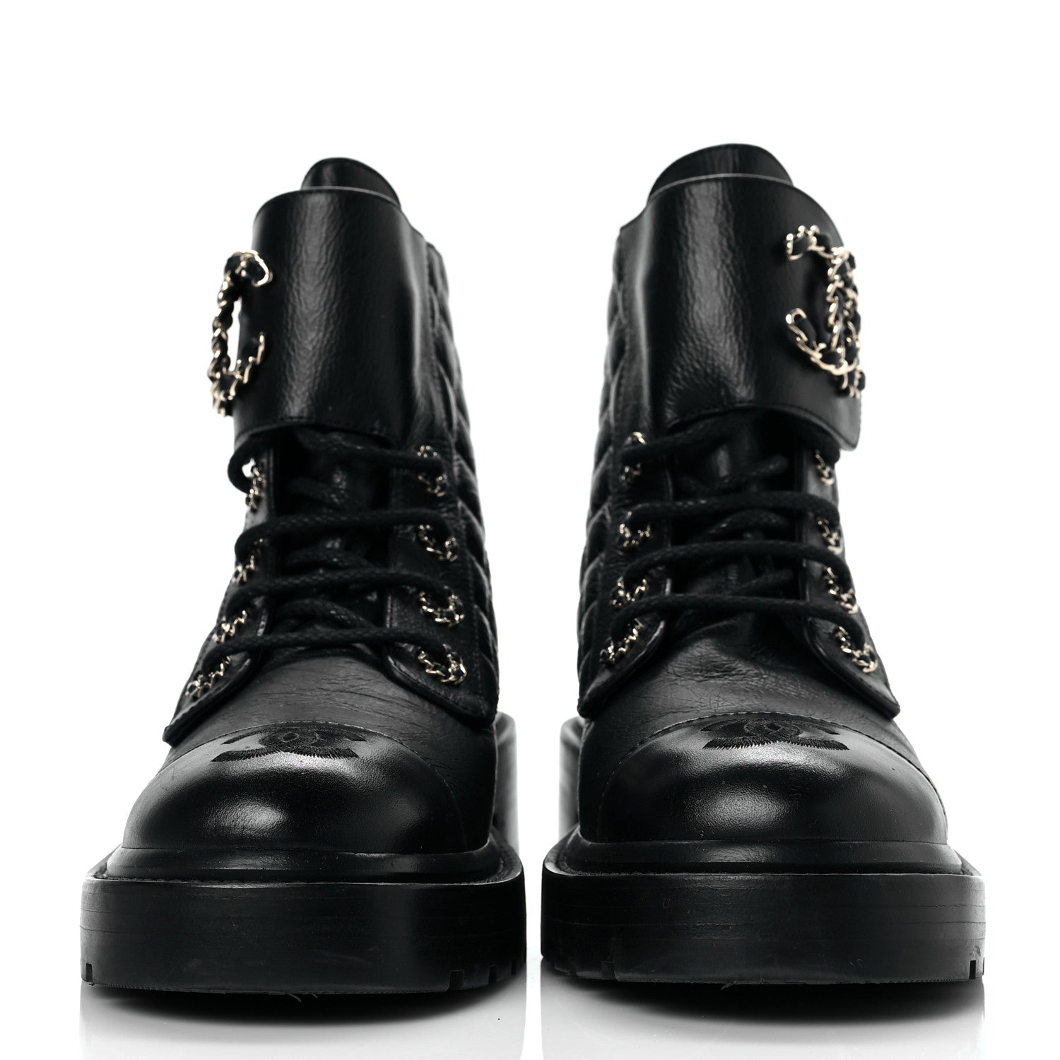 Chanel Shiny Calfskin Quilted Lace Up Combat Boots 36.5 Black 2 of 8