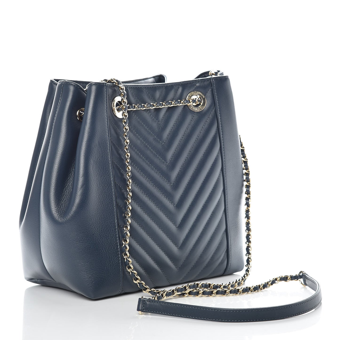 Calfskin Chevron CC Chain Bucket Drawstring Bag Navy Blue