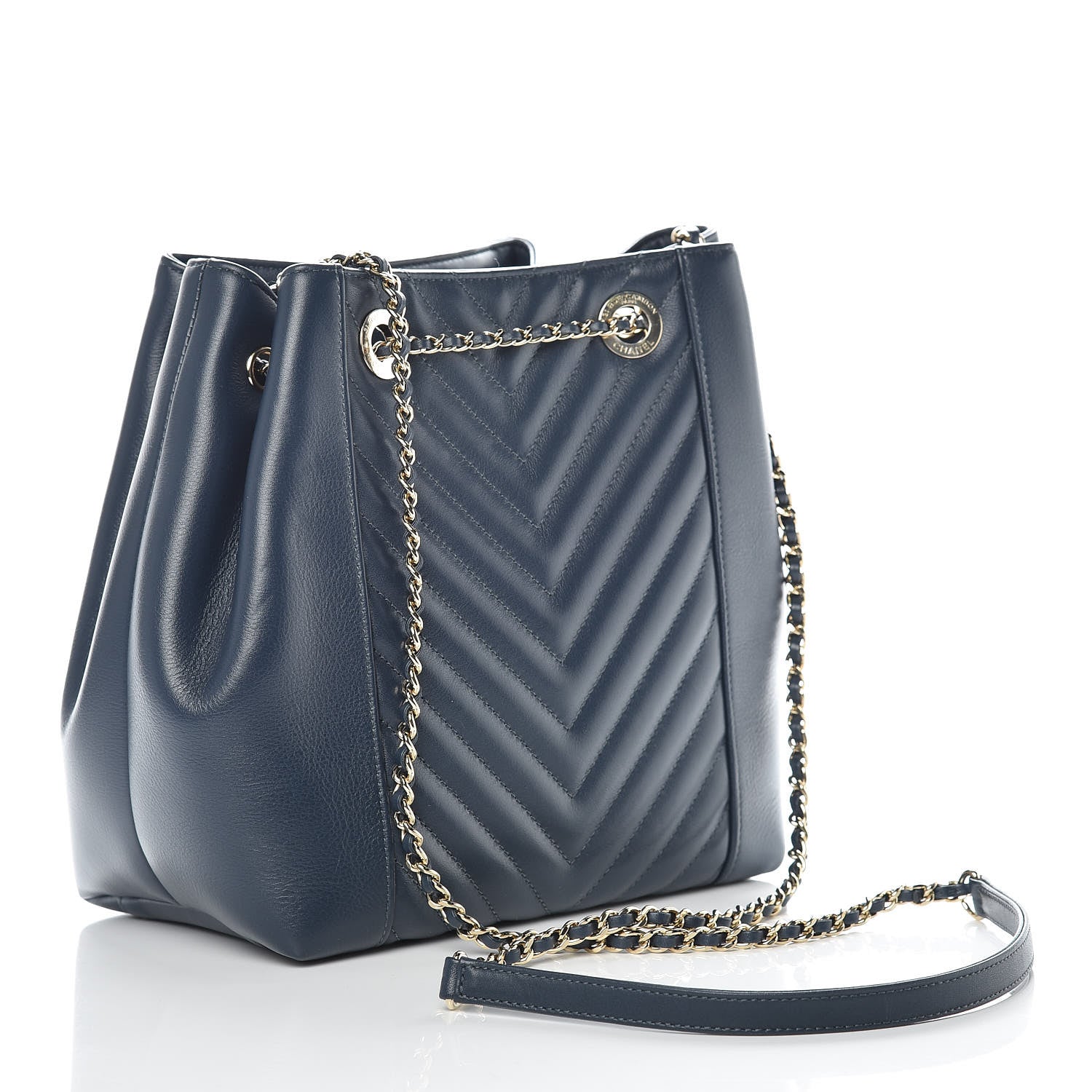 Chanel Calfskin Chevron CC Chain Bucket Drawstring Bag Navy Blue 2 of 9