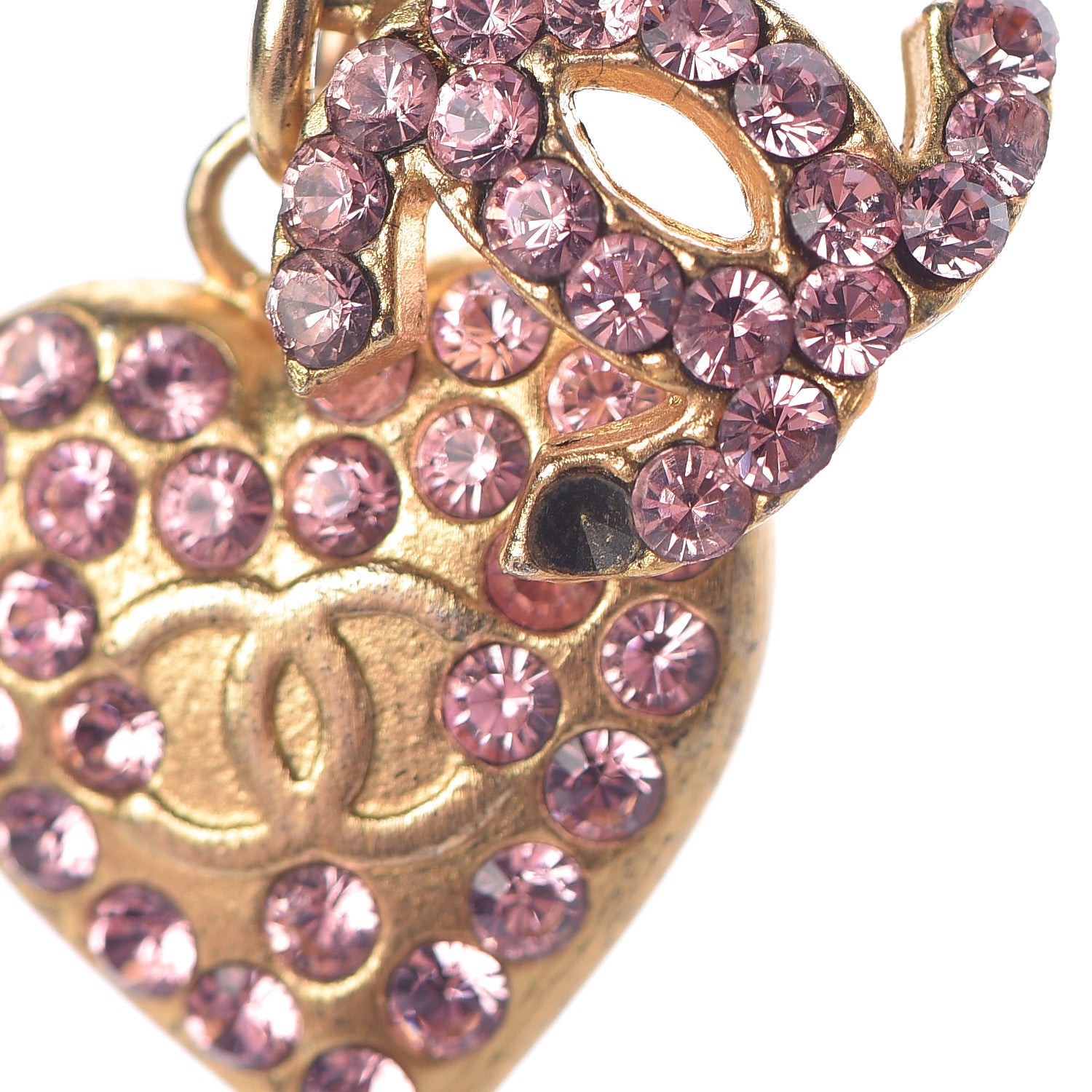 Chanel Crystal CC Heart Charm Necklace Gold Pink 8 of 9