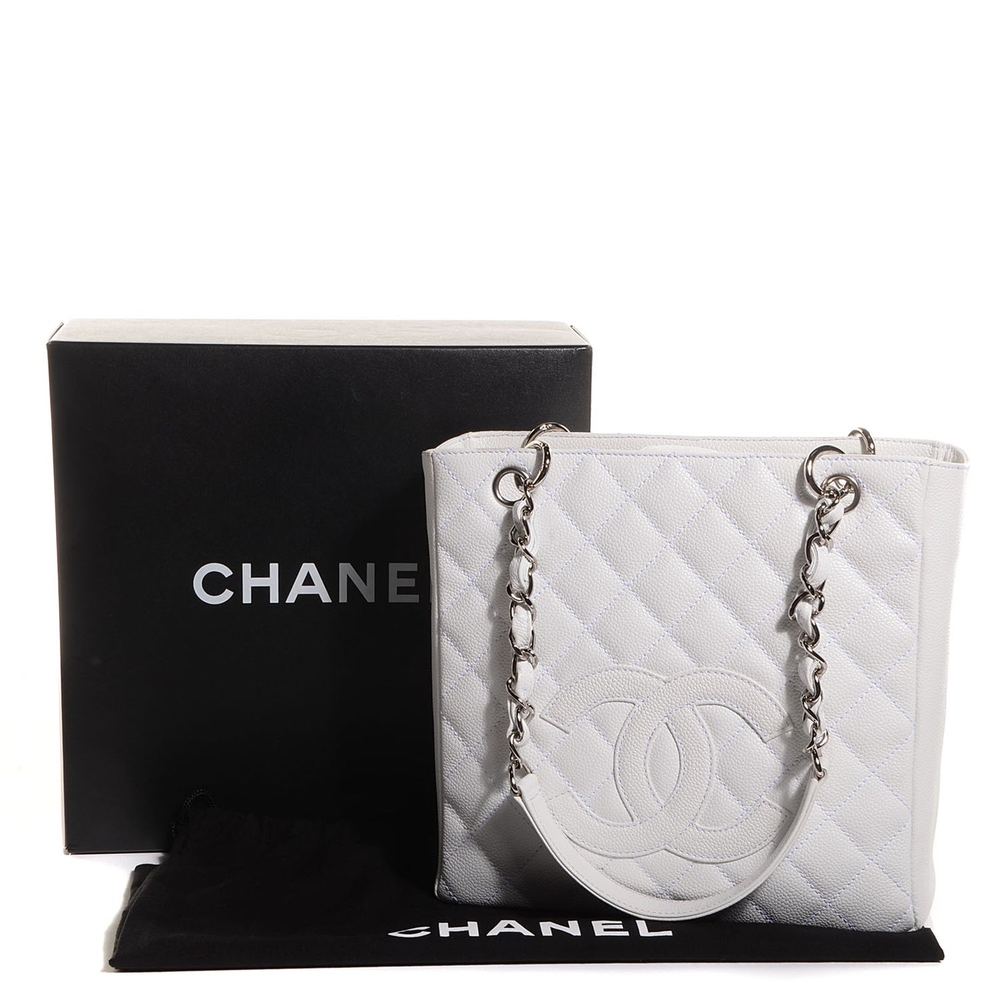 Caviar Quilted Petit Shopping Tote PST White