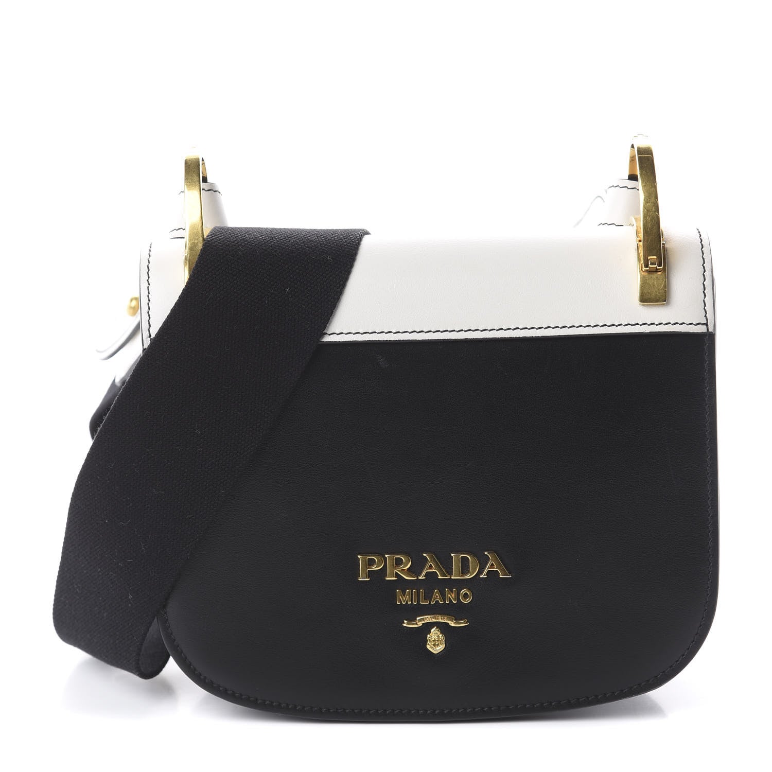 Prada City Calfskin Pionniere Saddle Bag Black White 1 of 7