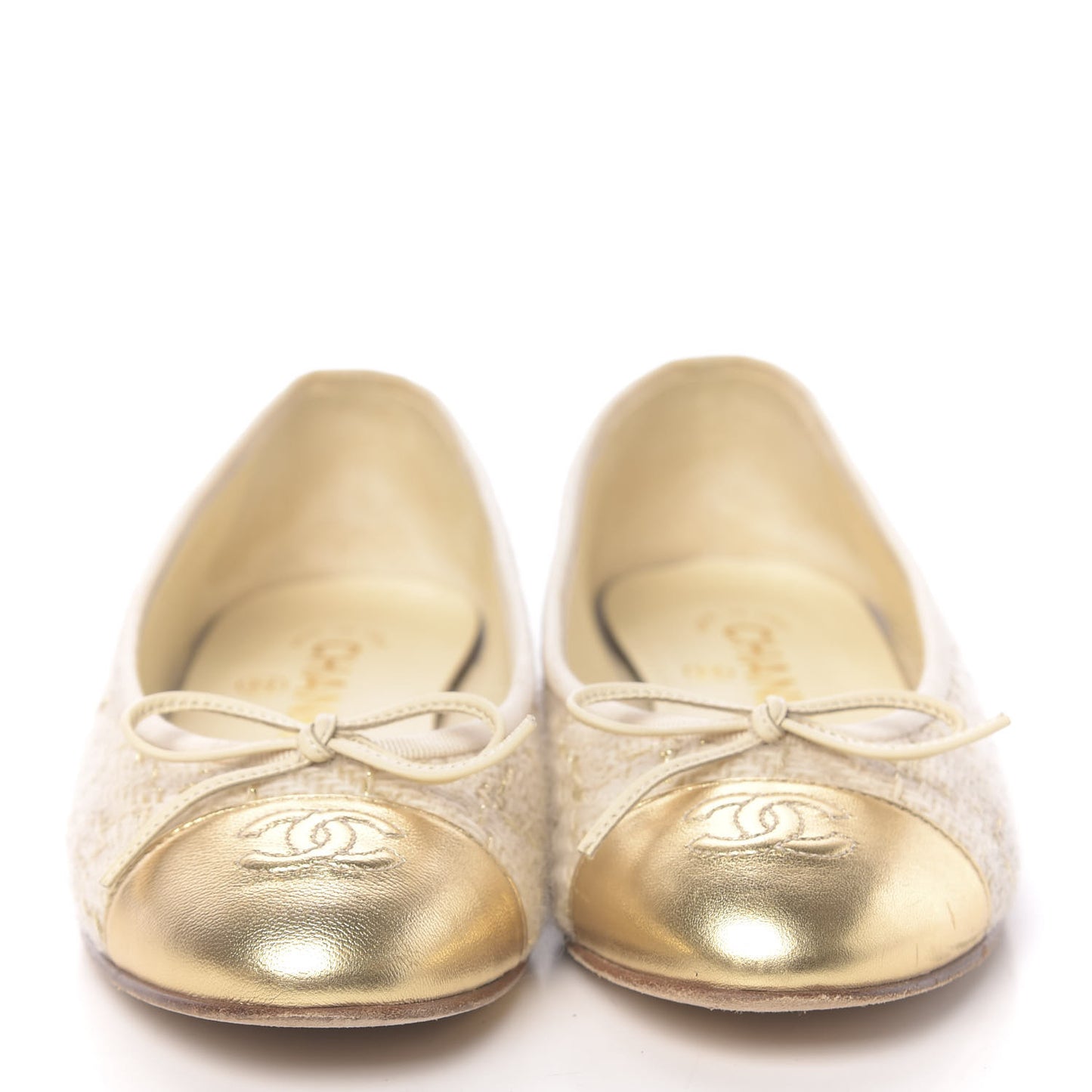 Tweed Metallic Lambskin CC Cap Toe Ballerina Flats 36 Beige Gold