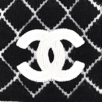 Chanel Cashmere Quilted Logo Beanie Hat Black White 4 of 5