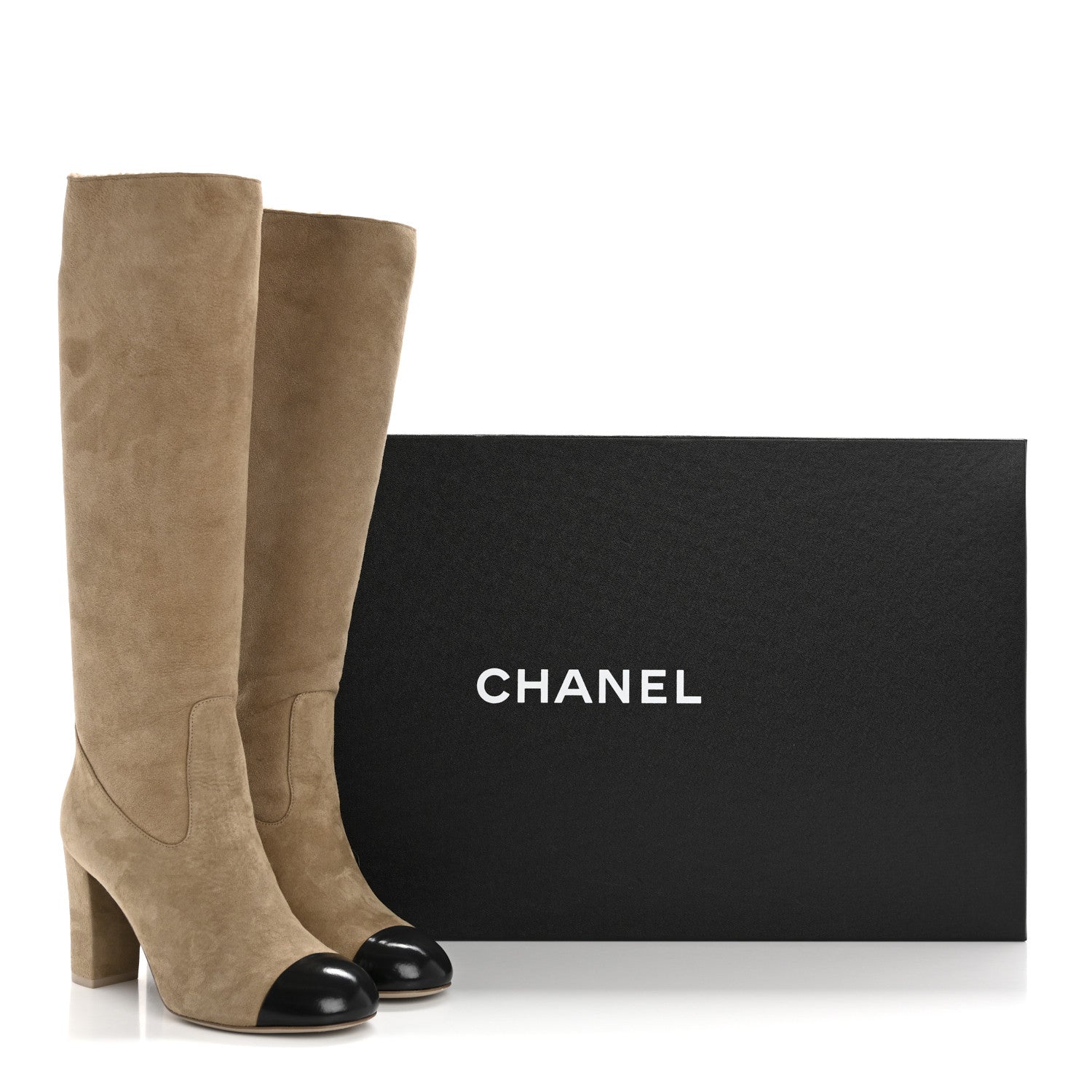 Chanel Suede Lambskin Shiny Calfskin Sherpa CC High Boots 38.5 Light Beige Black 11 of 11