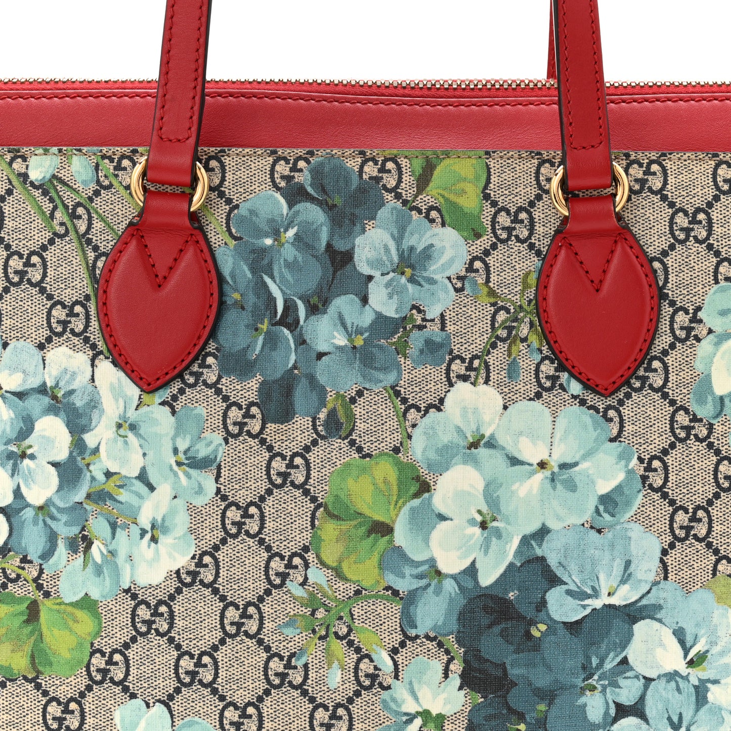 GG Supreme Monogram Blooms Medium Zippered Bucket Tote Beige Blue Navy Hibiscus Red