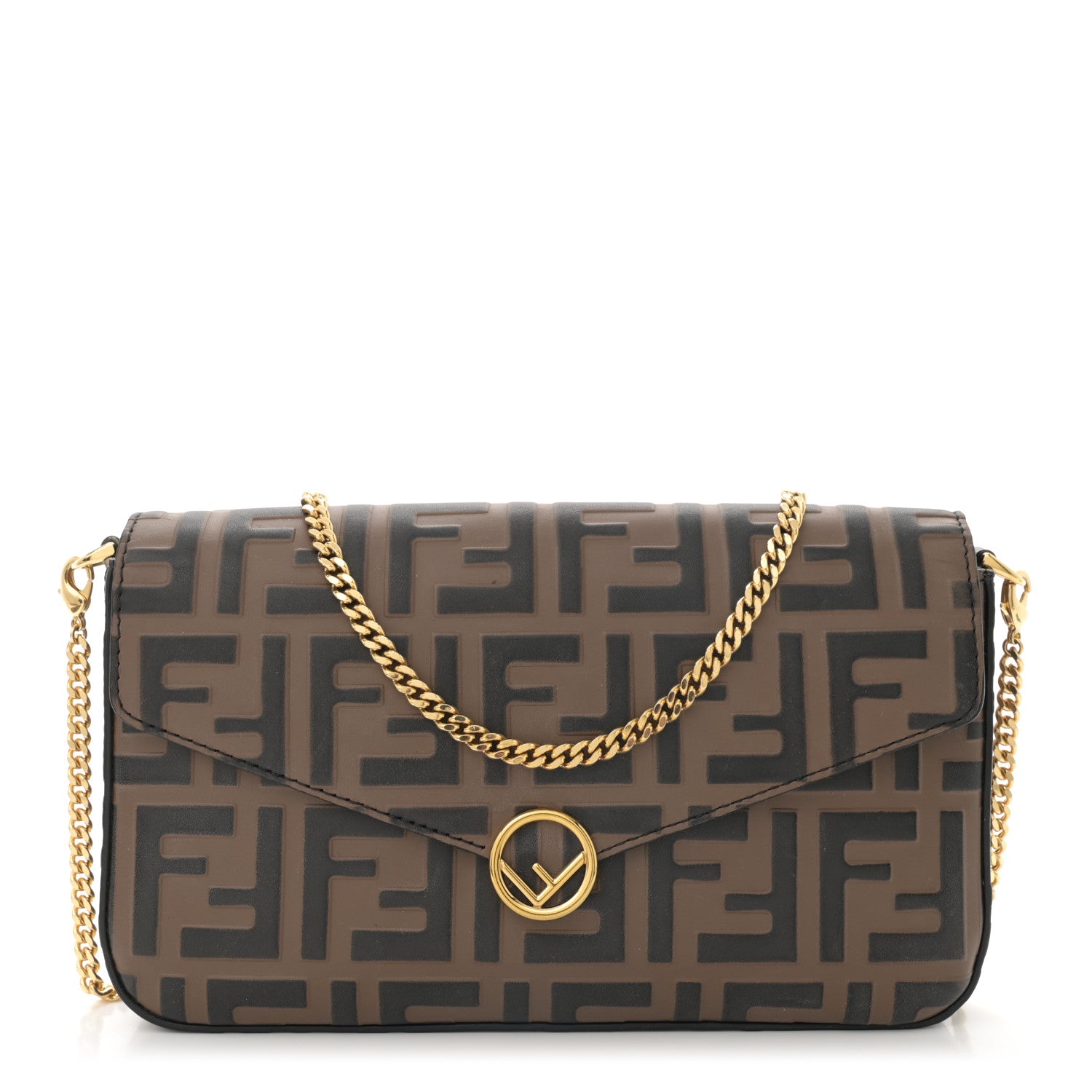 Fendi Vitello Soft F is Fendi Bi-Color FF 1974 Embossed Envelope Wallet On Chain with Pouches Maya Black 1 of 13