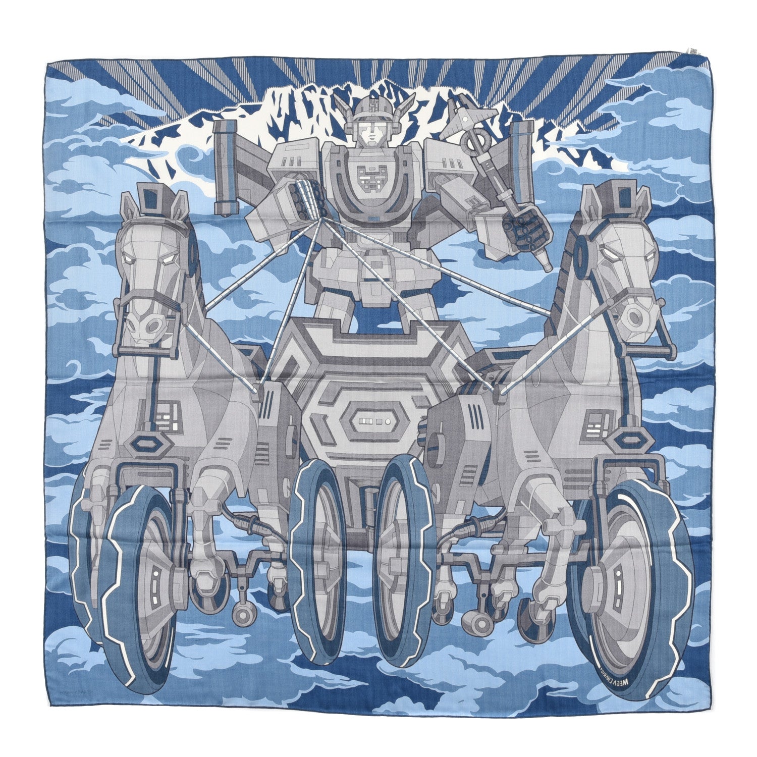 Hermes Cashmere Silk Mega Chariot Scarf 100 Bleu Moyen Bleu Aviat 1 of 3