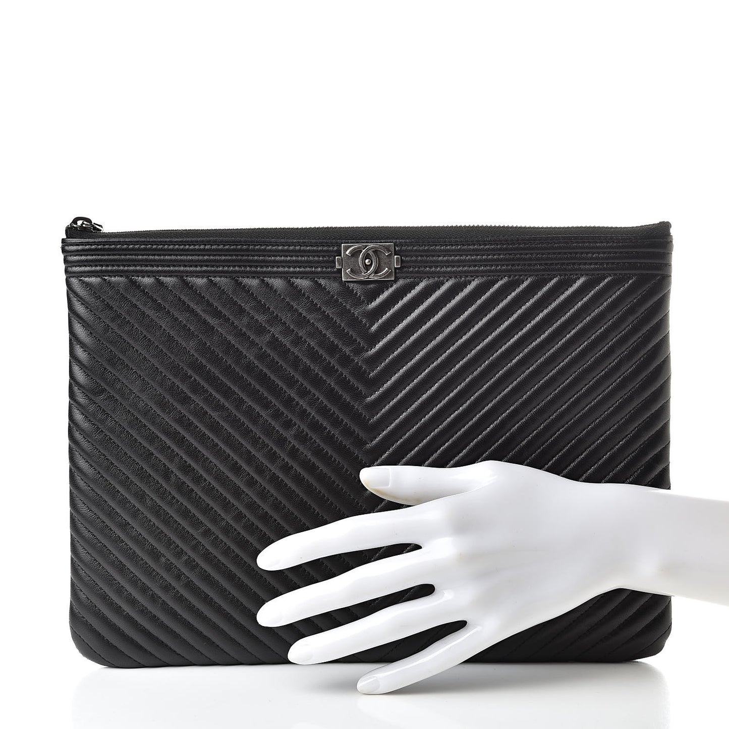Calfskin Chevron Boy Zip Pouch Black
