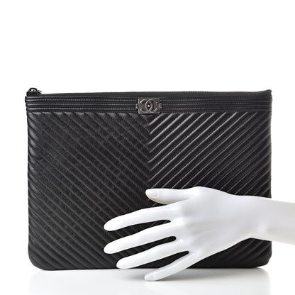 Chanel Calfskin Chevron Boy Zip Pouch Black 2 of 8