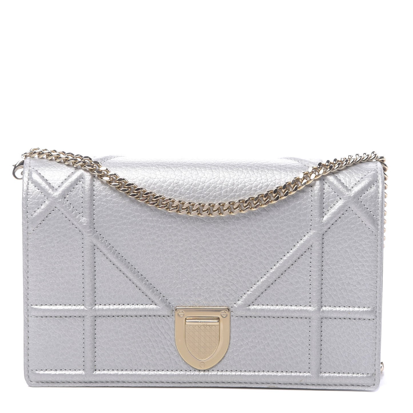 Metallic Grained Calfskin Diorama Wallet on Chain Pouch Silver