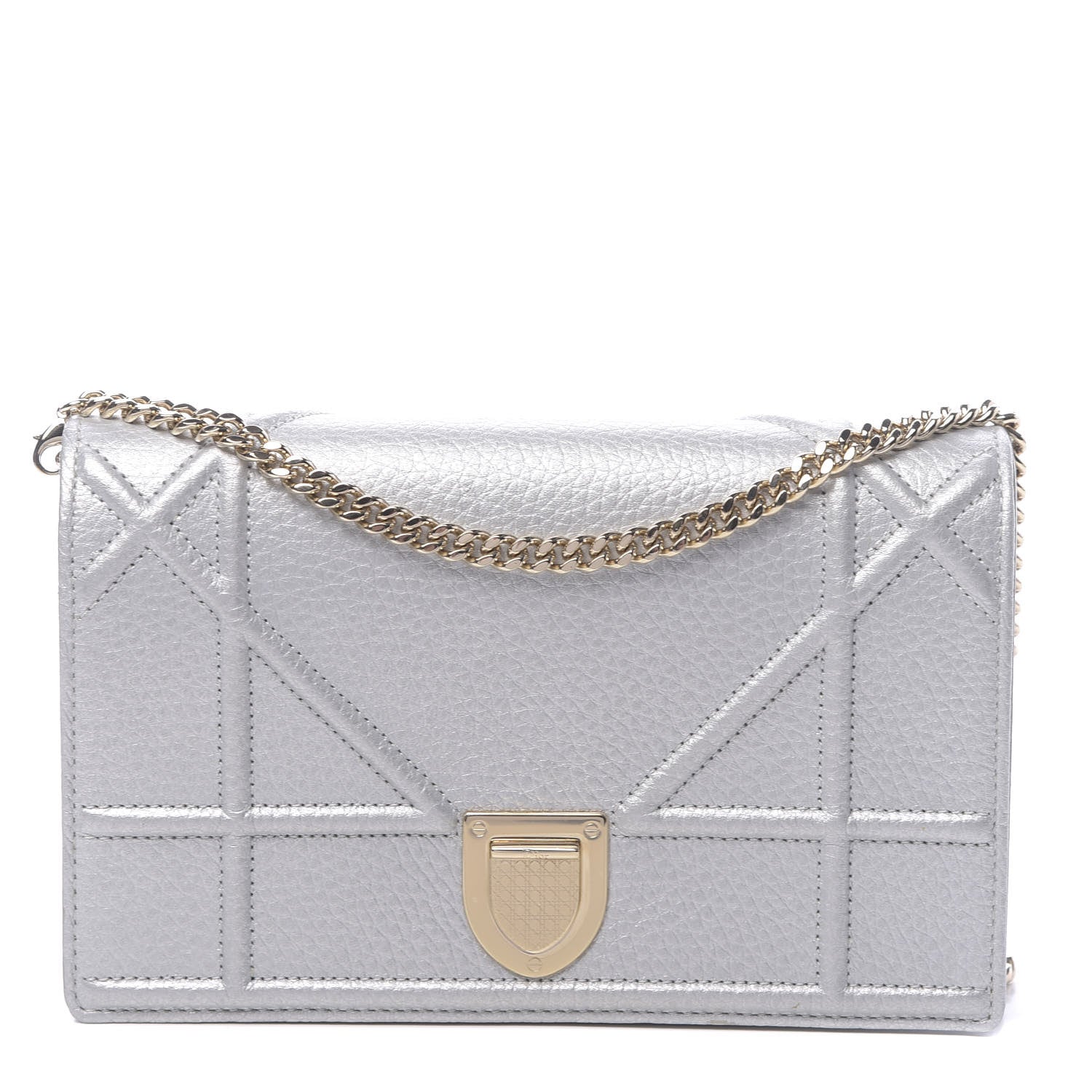 Christian Dior Metallic Grained Calfskin Diorama Wallet on Chain Pouch Silver 1 of 10