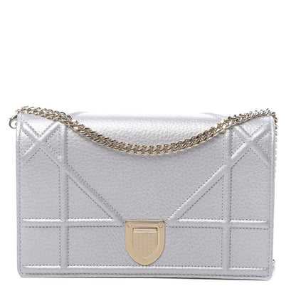 Christian Dior Metallic Grained Calfskin Diorama Wallet on Chain Pouch Silver 1 of 10