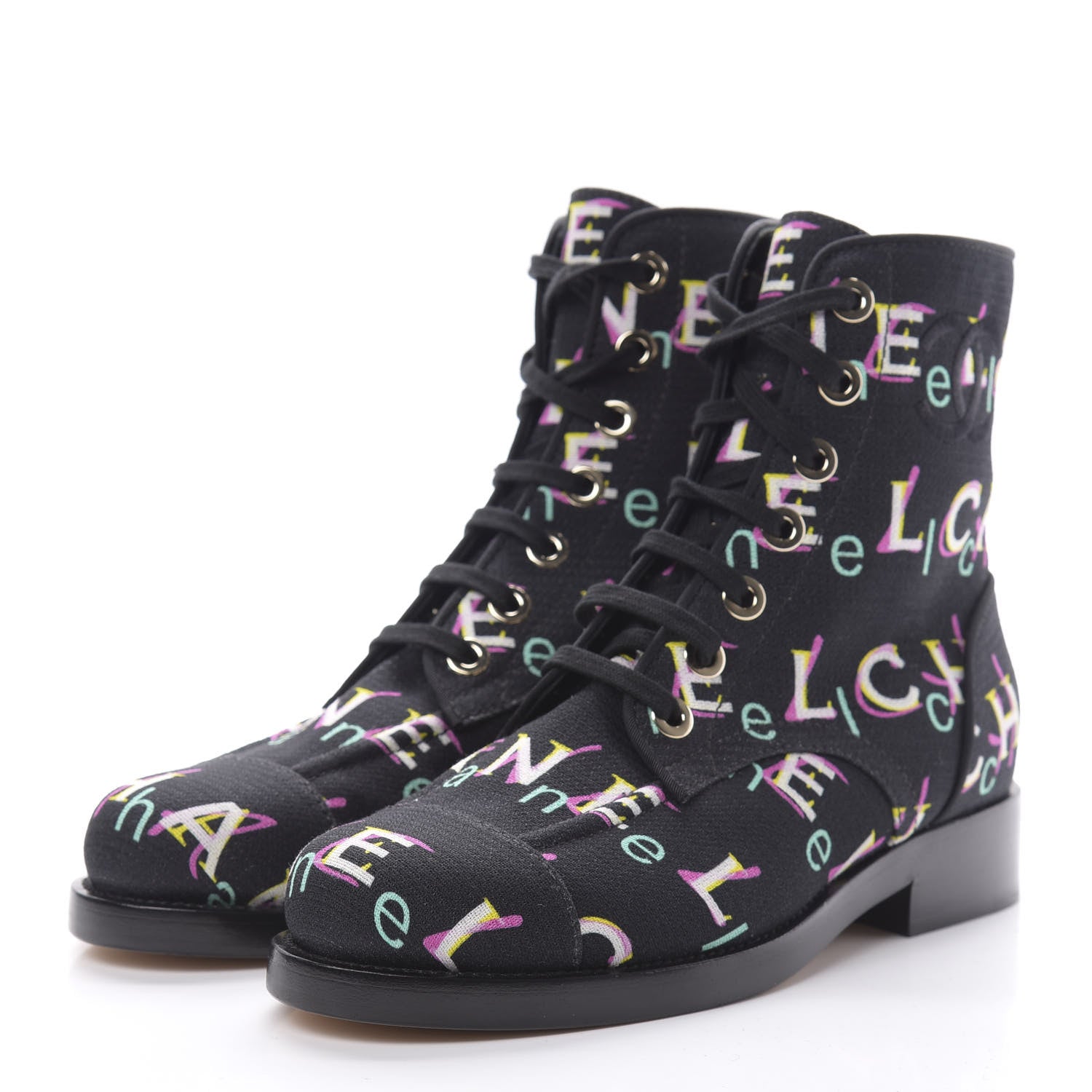 Chanel Tweed Lace Up Short Boots 38 Black Ecru Green Red 3 of 7