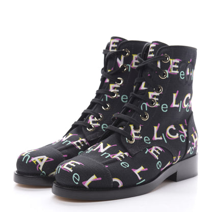 Chanel Tweed Lace Up Short Boots 38 Black Ecru Green Red 3 of 7