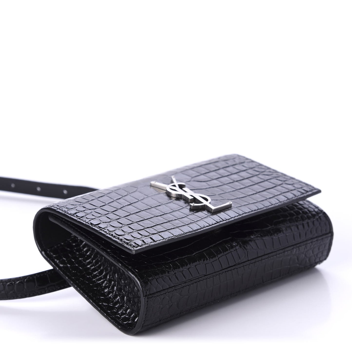 Calfskin Crocodile Embossed Monogram Kate Belt Bag Black