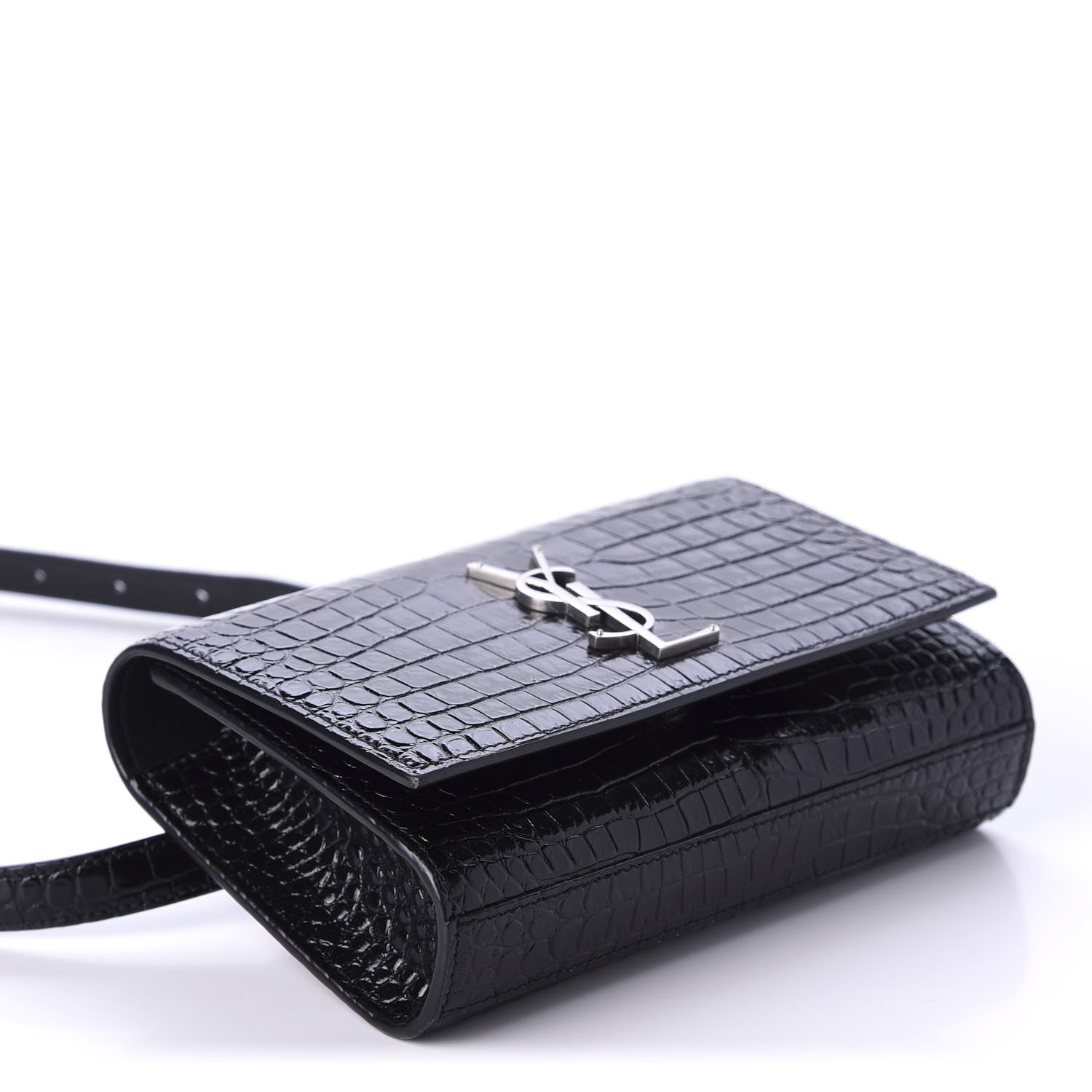 Saint Laurent Calfskin Crocodile Embossed Monogram Kate Belt Bag Black 4 of 10