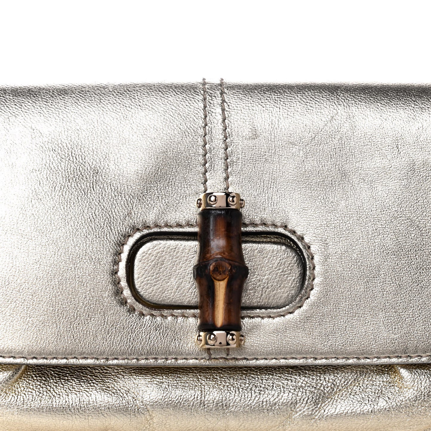 Metallic Calfskin Satin Bamboo Clutch Argento