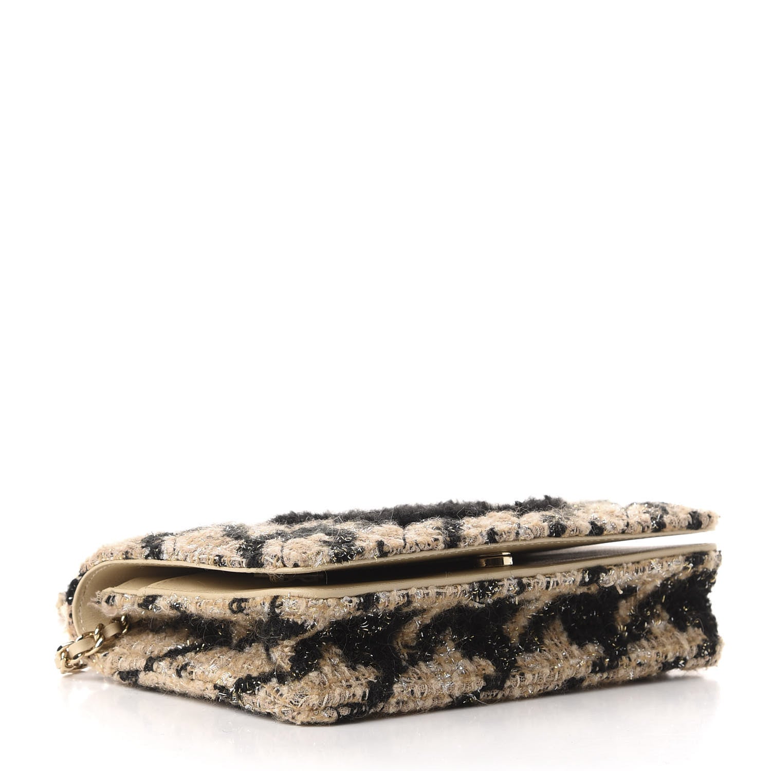 Chanel Tweed Shearling Quilted Wallet On Chain WOC Beige Black 4 of 12