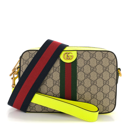 Gucci GG Supreme Monogram Textured Dollar Calfskin Web Ophidia Wristlet Shoulder Bag Beige Ebony Fluo Yellow 1 of 10