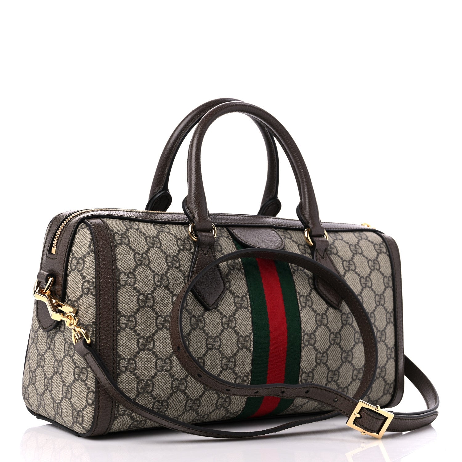 Gucci GG Supreme Monogram Textured Dollar Calfskin Web Medium Ophidia Boston Beige Ebony New Acero 3 of 9