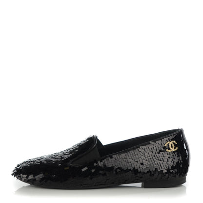 Chanel Sequin CC Loafers 36.5 Black 1 of 9