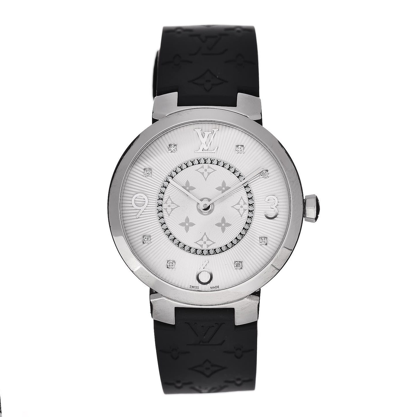 Stainless Steel Rubber Diamond 33mm Tambour Slim Quartz Watch