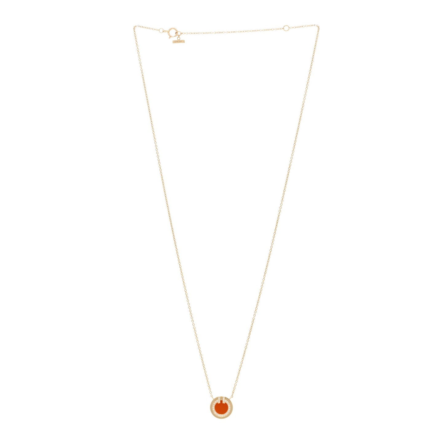 18K Yellow Gold Diamond Carnelian Small T Circle Pendant Necklace