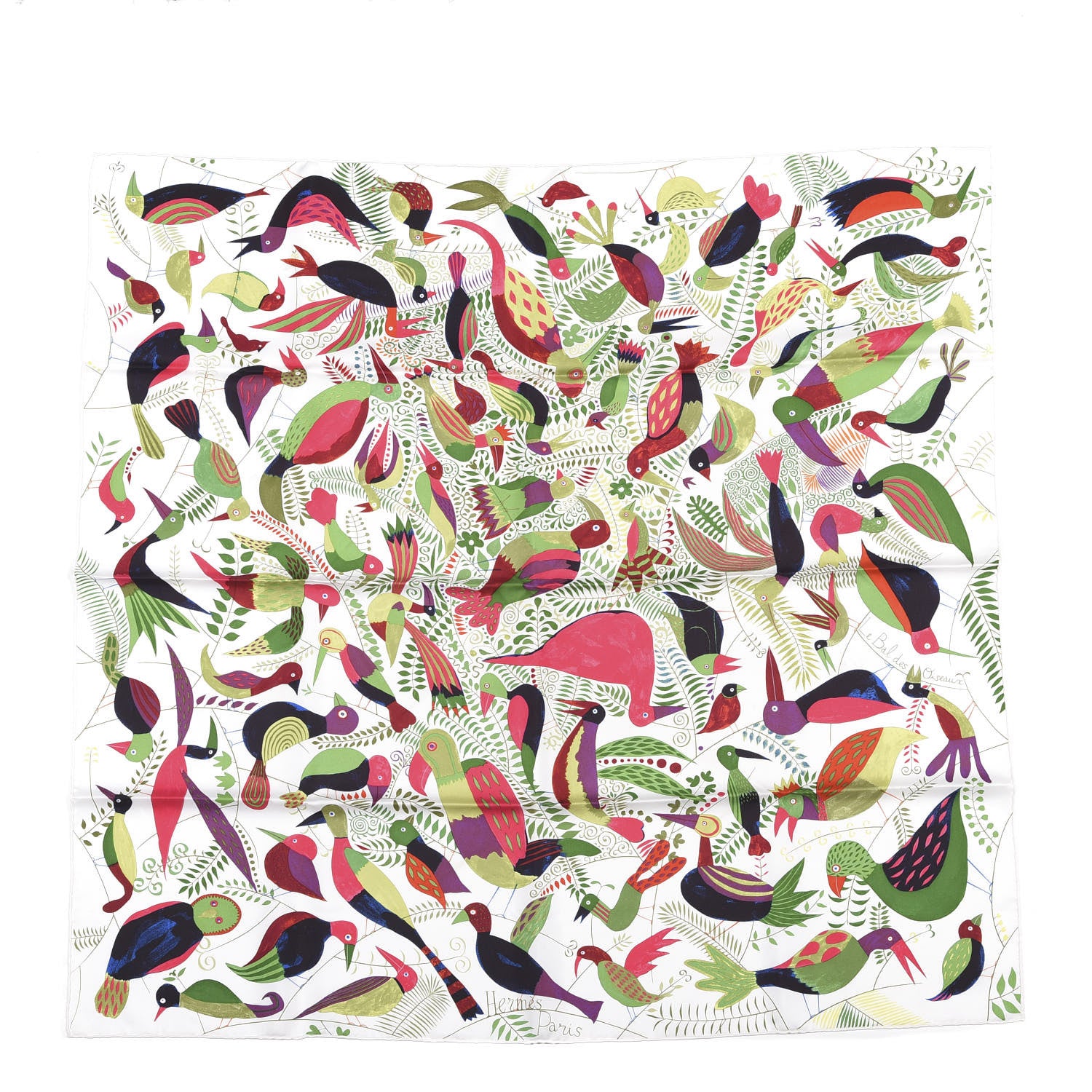 Hermes Silk Le Bal Des Oiseaux Scarf 90 White Vert Multicolor 1 of 5