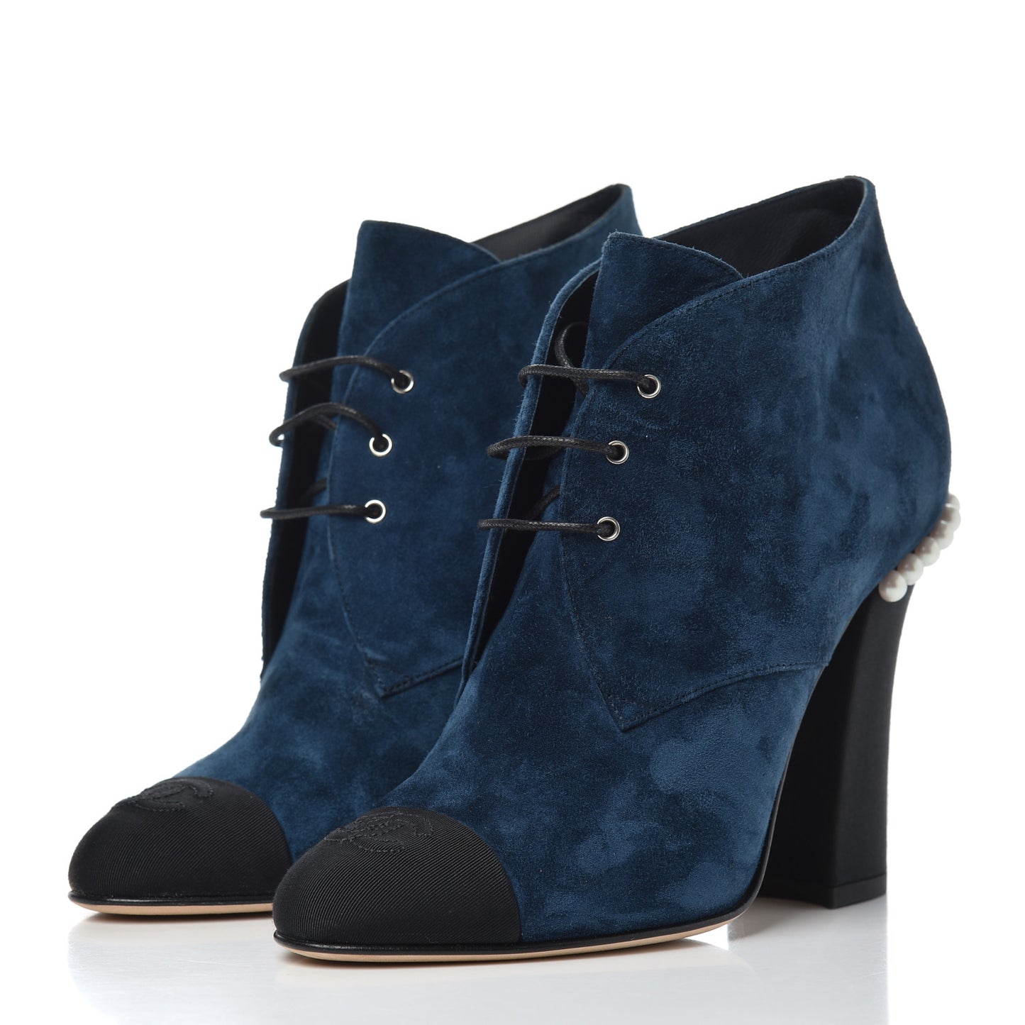 Suede Grosgrain Pearl Lace Up Booties 37 Dark Blue Black