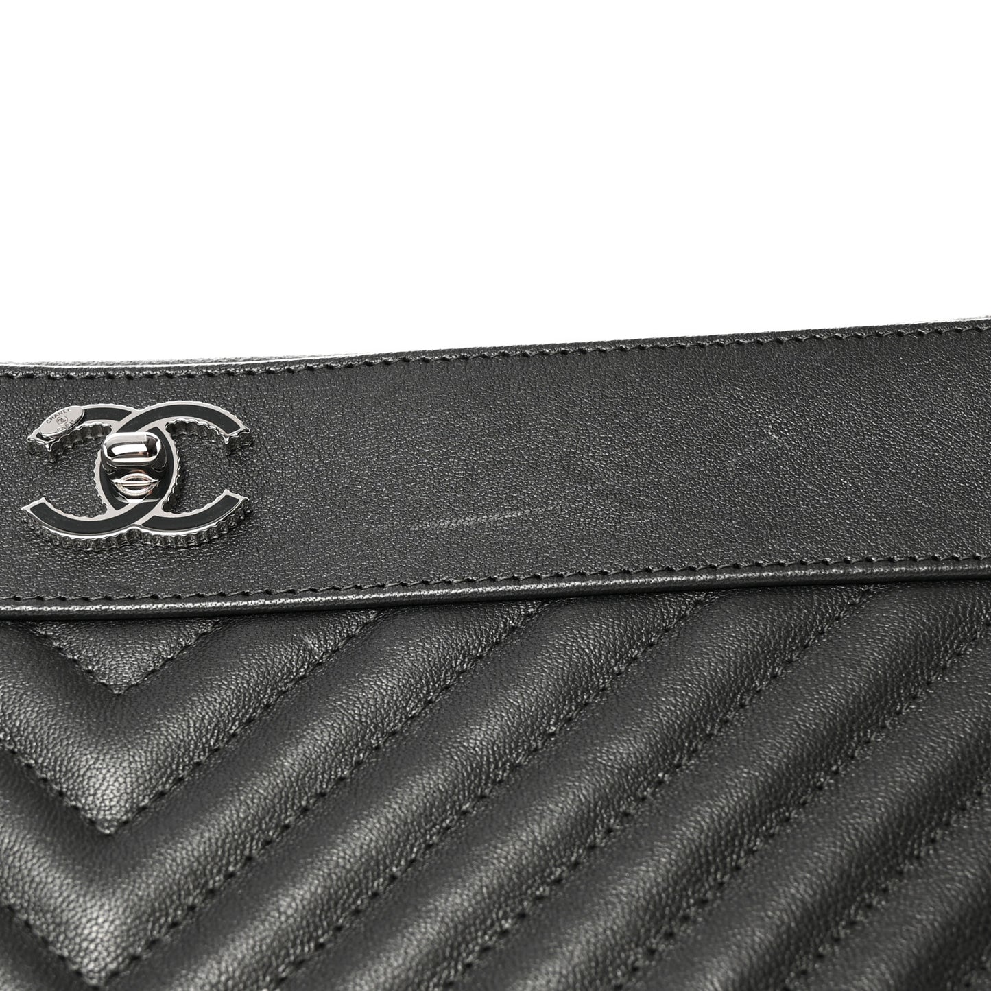 Metallic Sheepskin Chevron Quilted Mademoiselle Vintage Large Zip Pouch Dark Grey