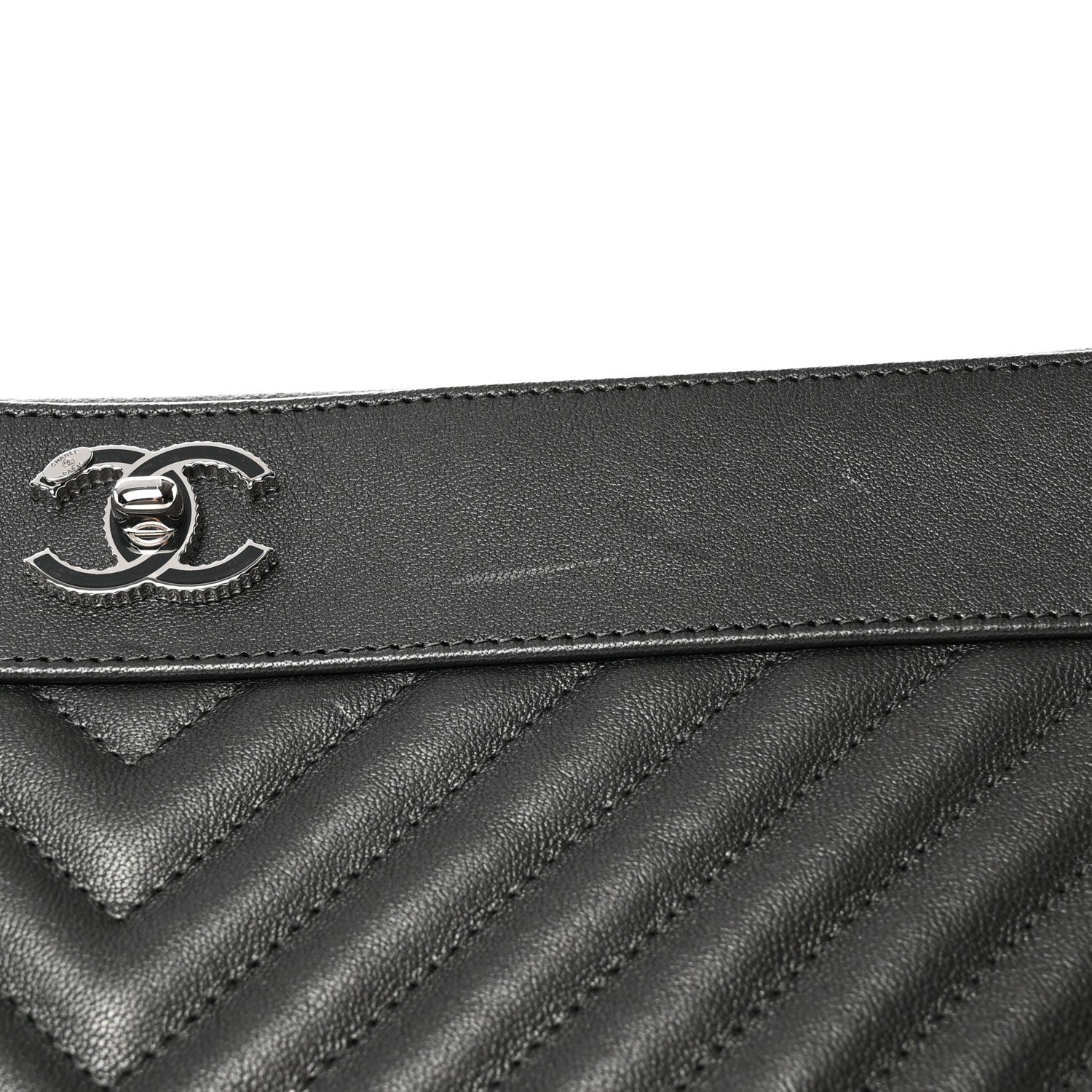 Chanel Metallic Sheepskin Chevron Quilted Mademoiselle Vintage Large Zip Pouch Dark Grey 8 of 10