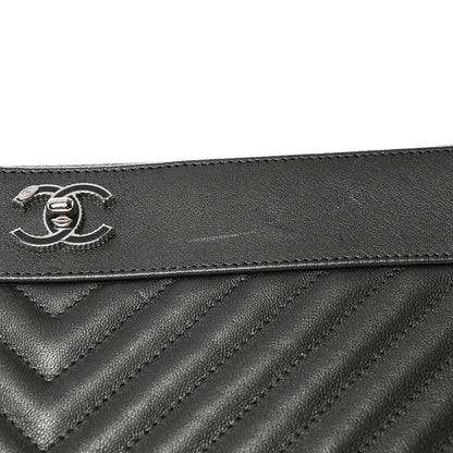 Chanel Metallic Sheepskin Chevron Quilted Mademoiselle Vintage Large Zip Pouch Dark Grey 8 of 10