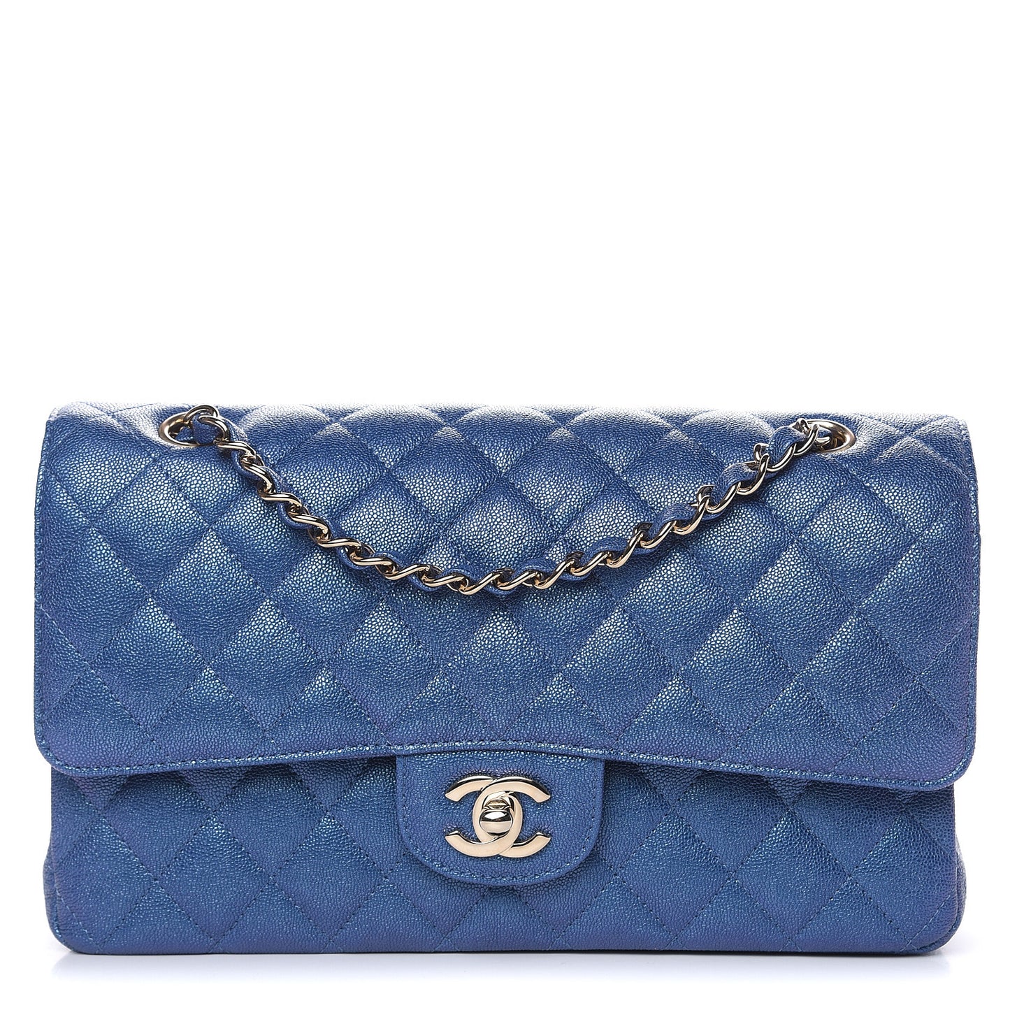 Iridescent Caviar Quilted Medium Double Flap Dark Blue