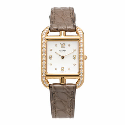 Hermes 18K Yellow Gold Alligator Diamond Mother of Pearl 23mm Cape Cod Quartz Watch Gris Elephant 1 of 5