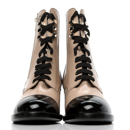 Chanel Patent Calfskin CC Lace Up Short Boots 42 Beige Black 2 of 4