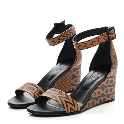 Hermes Calfskin Printed Acapulco Wedge Sandals 38 Black Naturel 3 of 9