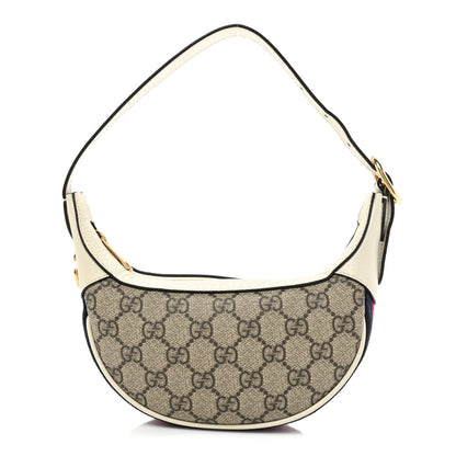 Gucci GG Supreme Monogram Textured Dollar Calfskin Web Mini Ophidia Half Moon Hobo Beige Ebony Mystic White 1 of 10
