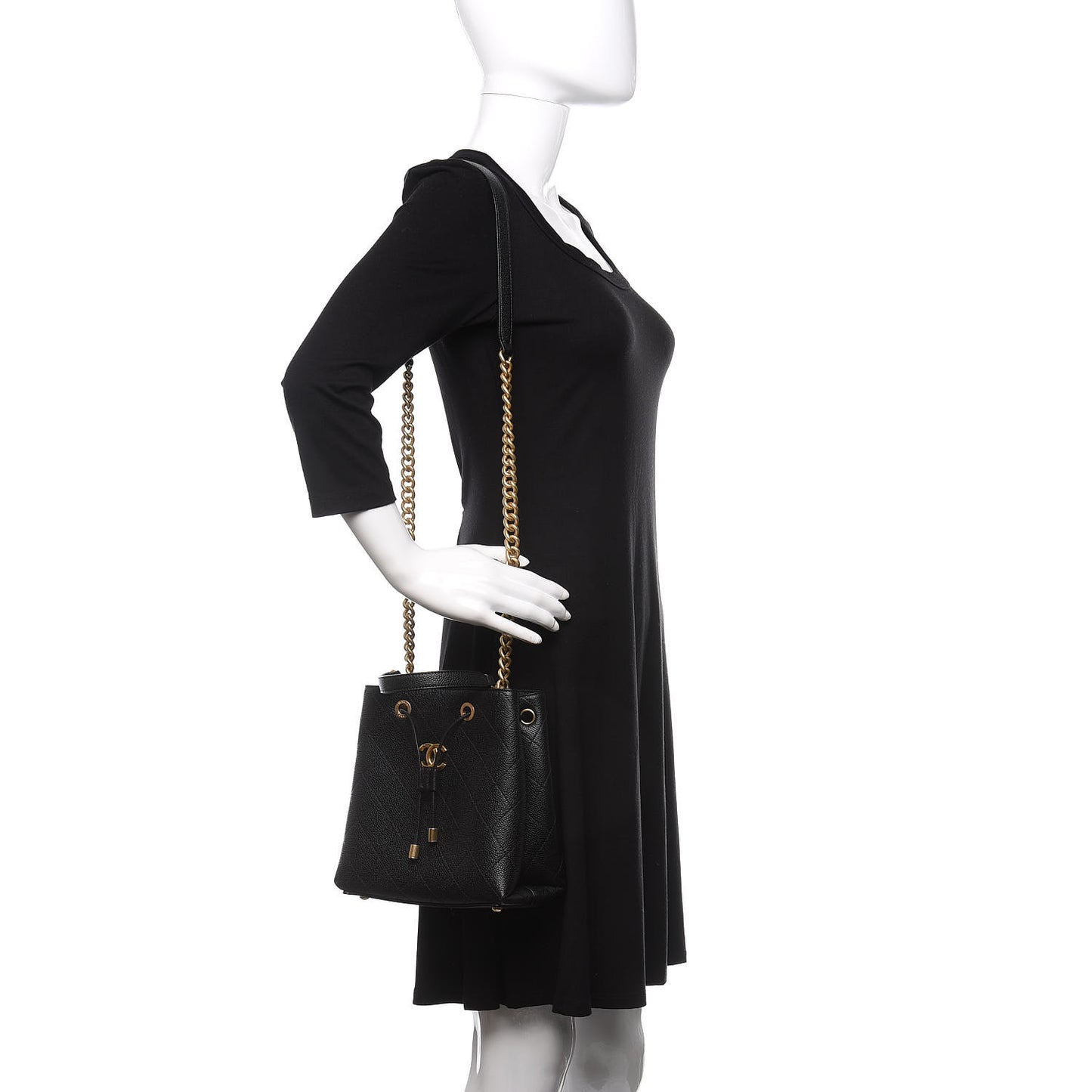 Grained Calfskin Stitched Small Drawstring Bag Black