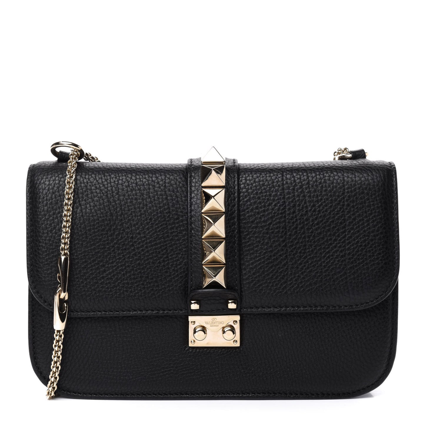 Pebbled Calfskin Medium Glam Lock Rockstud Flap Black