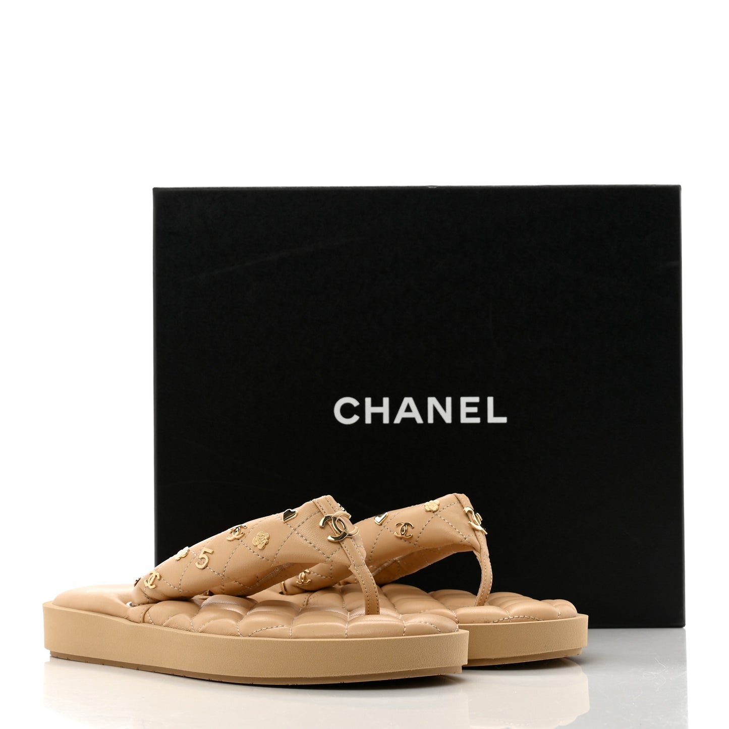 Lambskin Quilted Padded Charms Thong Sandals 38 Beige