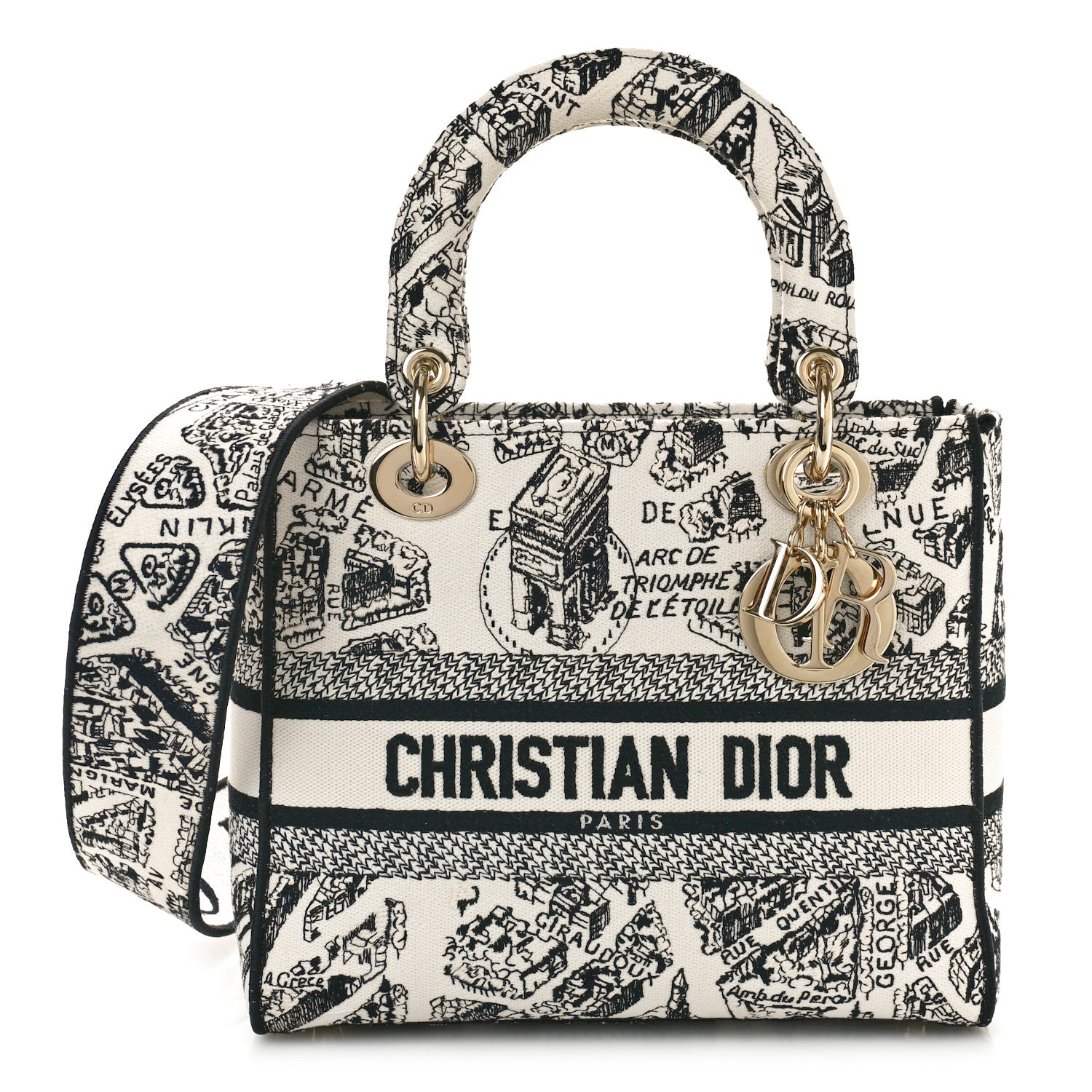 Christian Dior Canvas Embroidered Plan de Paris Medium Lady D-Lite White Black 1 of 8